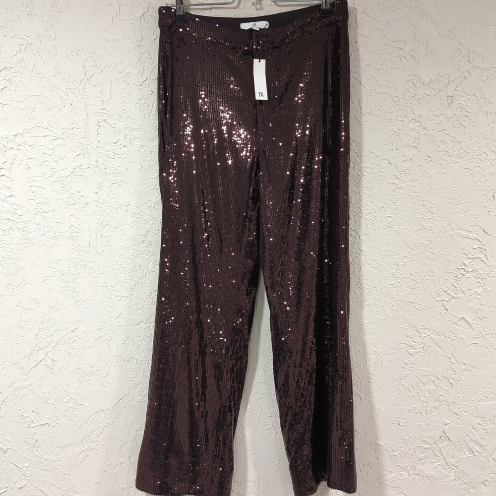 NWT Banana Republic Brown Sequin Trouser Pants Women's 10 Petite Party NYE